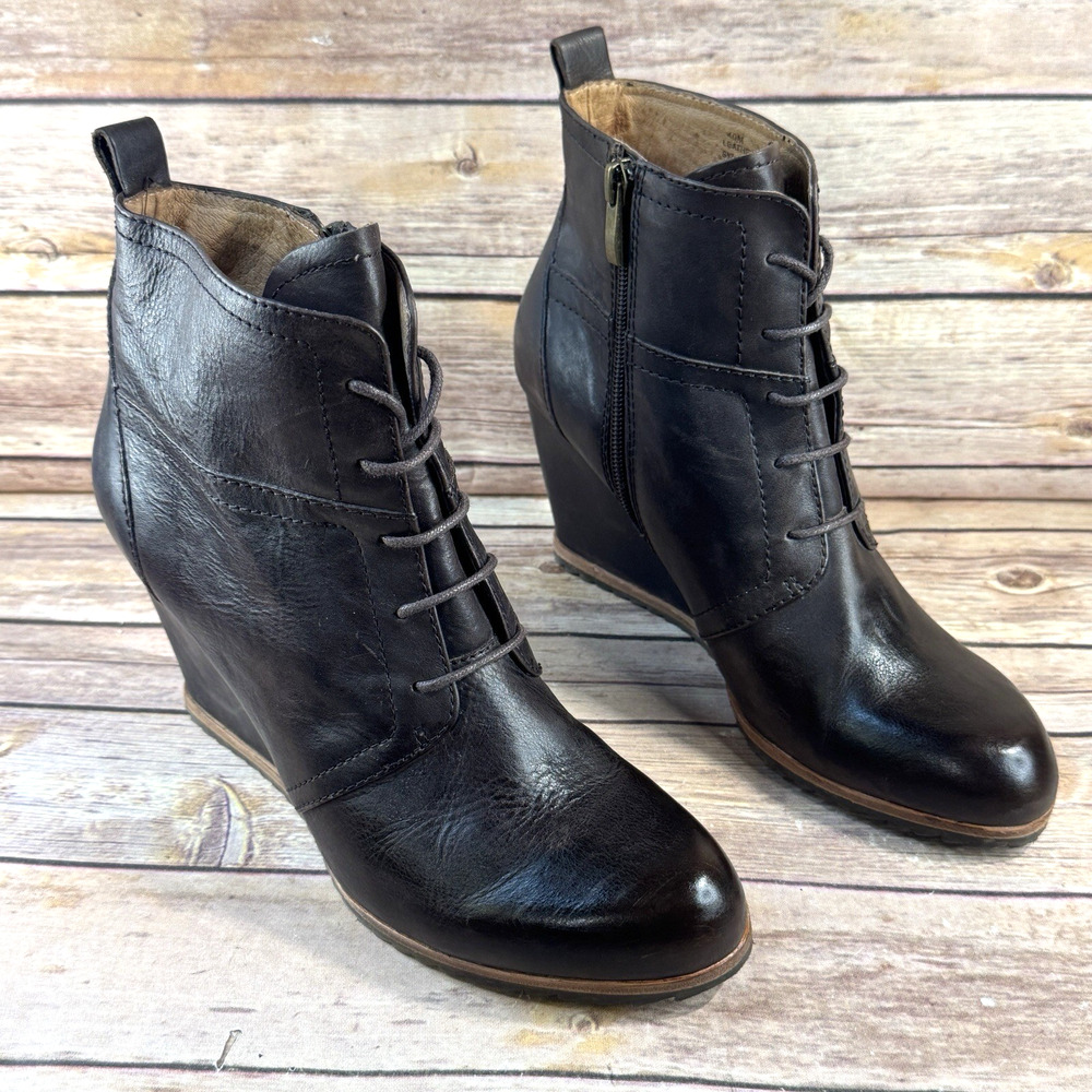 Anthropologie Womens Biala Dark Brown Leather Alyssa Lace Up Wedge Boots 9.5